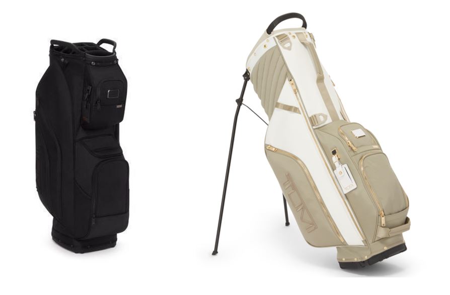 (L to R): TUMI Golf Cart Bag in Black and Golf Stand Bag in Off-White/Tan.