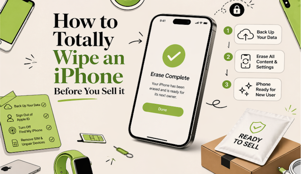 iPhone data wipe process before selling showing backup, erase all content, remove SIM and prepare phone for resale.