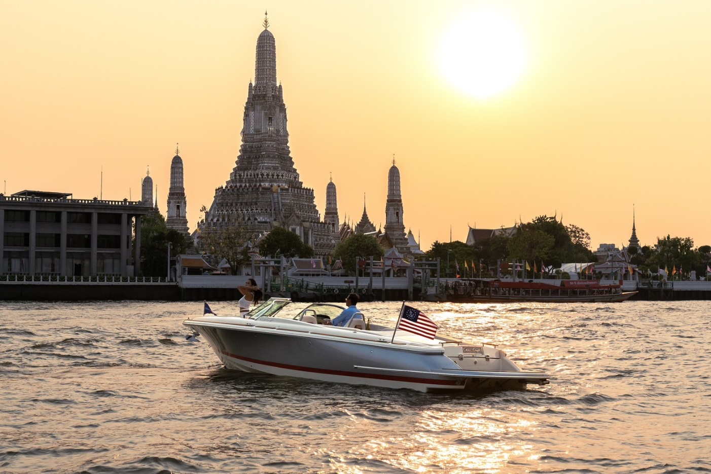 Chris-Craft ‘Launch 27’ model on the Chao Phraya River in Bangkok, Thailand