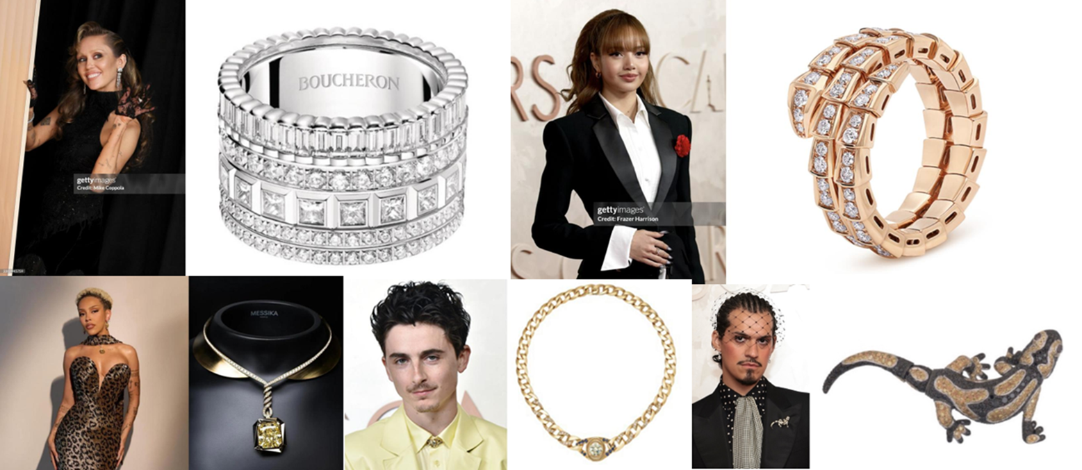 Top row, left to right: Miley Cyrus shines with a diamond ring frm the Boucheron Quatre Radiant Edition collection, while Lisa showcases a diamond ring from the Bvlgari Serpenti Viper collection at the Oscars. Bottom row, left to right: Doja Cat shines in a Messika Solar Diva high jewellery diamond necklace, Timothée Chalamet sports a Cartier diamond necklace, and Omar Apollo wears a Chopard lizard diamond brooch at the Oscars (image source: internet).