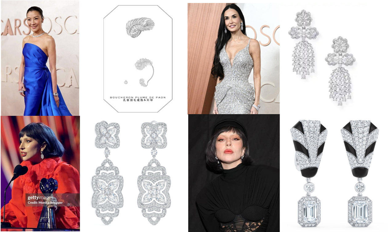 Top row, left to right: Michelle Yeoh dazzles in Boucheron Plume de Paon peacock feather diamond earrings, while Demi Moore shines in diamond earrings from the Chopard Red Carpet collection in the Oscars Bottom row, left to right: Lady Gaga showcases two pairs of diamond earrings from De Beers Enchanted Lotus and Forces of Nature collection in iHeartRadio Music Awards (image source: internet).