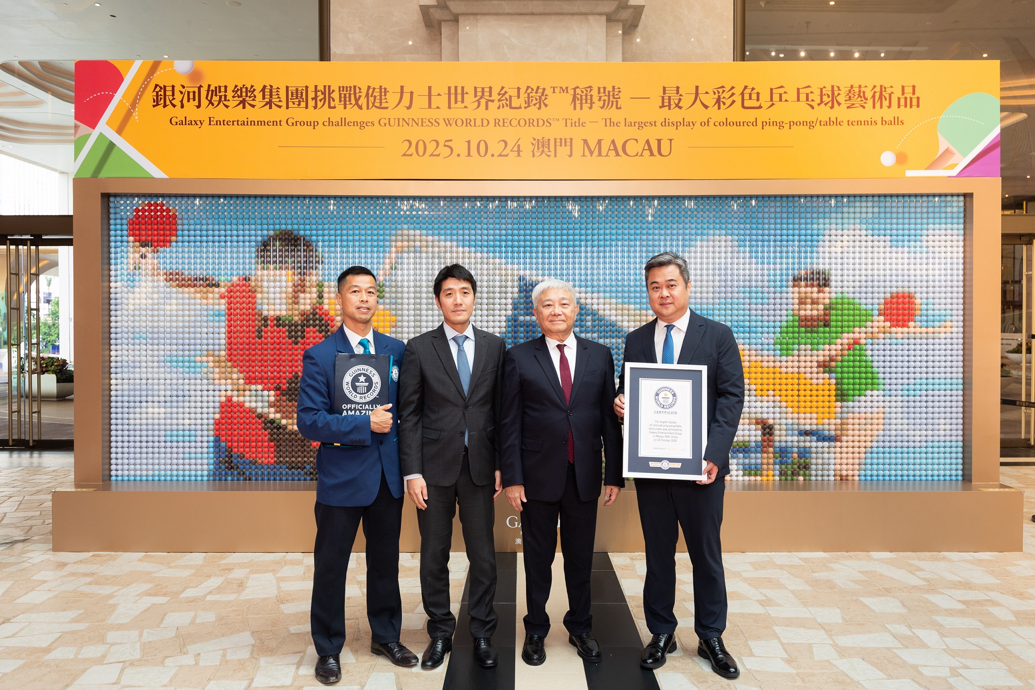 Galaxy Macau™ Integrated Resort has officially secured a new GUINNESS WORLD RECORDS™ title for the “The largest display of coloured ping-pong/table tennis balls”. Mr. Buddy Lam, Director of Corporate Affairs of GEG, received the award certificate on behalf of GEG. Mr. Jacab Ip, the official adjudicator of GUINNESS WORLD RECORD™, Mr. Chan Chak Mo, President of the Sports and Olympic Committee of Macau, China and Mr. Ma Chi Seng, Secretary-General of the Sports and Olympic Committee of Macau, China, joined together for a photo moment.