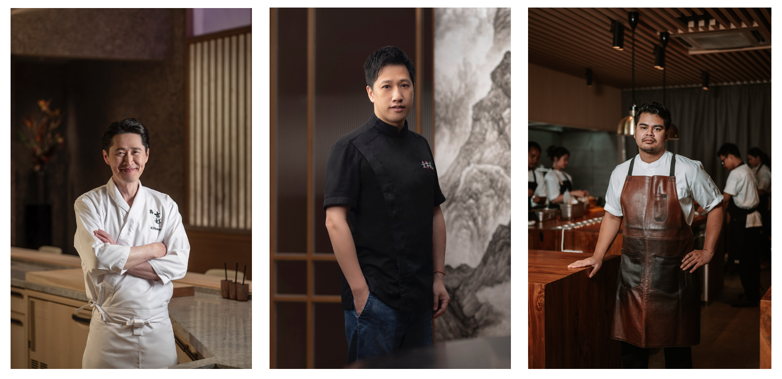 (From left) Chef Masaaki Miyakawa, Chef Jingye Xu, and Chef Aditya Muskita will be leading the “Ocean” category in Galaxy Macau Presents Tatler Off Menu.